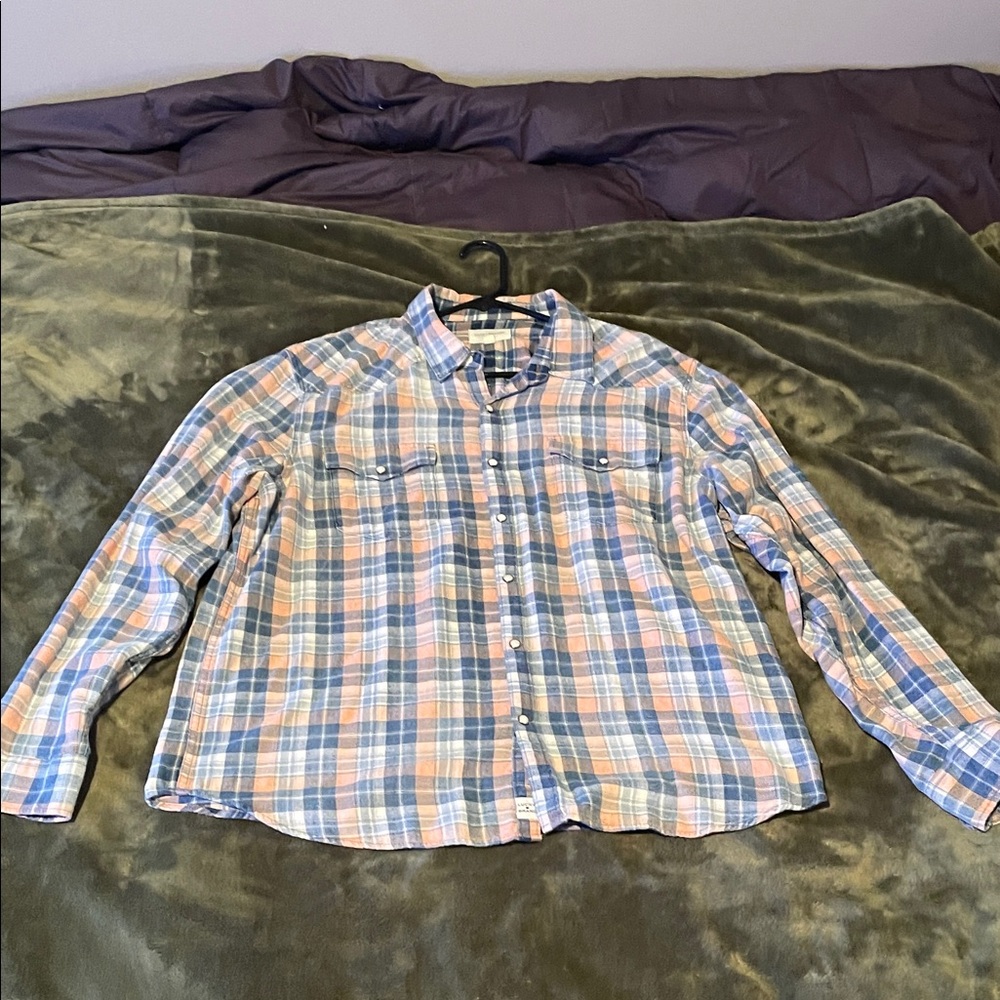 Lucky Brand Men's Blue and Orange Plaid Shirt